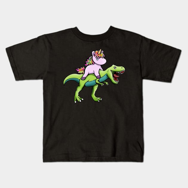 Unicorn Riding Dinosaur Kids T-Shirt by theglaze